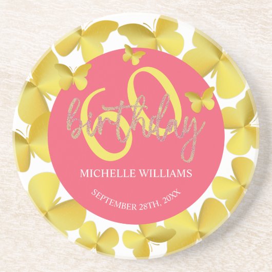 グリッターエレガント金ゴールドバタフライカリグラフィー コースター (正面)