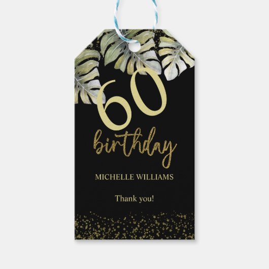 グリッターエレガント金ゴールドパームカリグラフィー誕生日 ギフトタグ (正面)