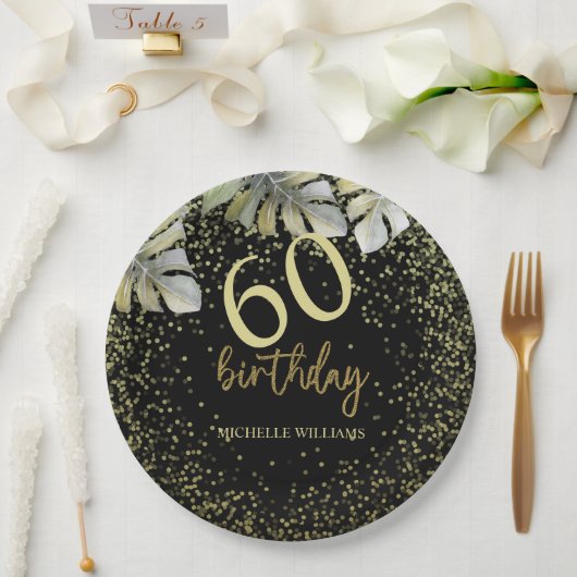 グリッターエレガント金ゴールドパームカリグラフィー誕生日 ペーパープレート (ウェディング)