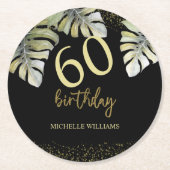 グリッターエレガント金ゴールドパームカリグラフィー誕生日 ラウンドペーパーコースター (正面)
