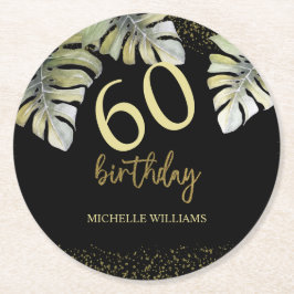 グリッターエレガント金ゴールドパームカリグラフィー誕生日 ラウンドペーパーコースター