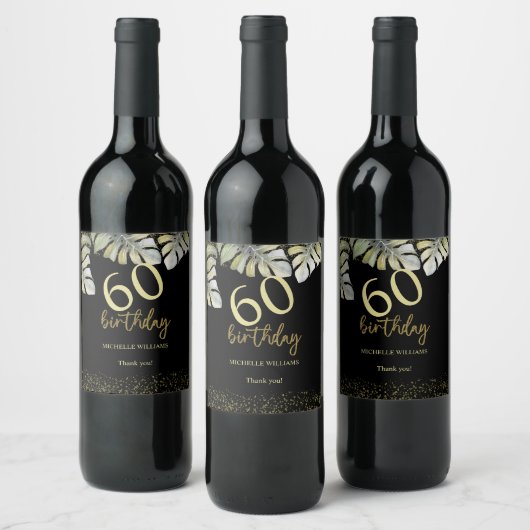 グリッターエレガント金ゴールドパームカリグラフィー誕生日 ワインラベル (ボトル)