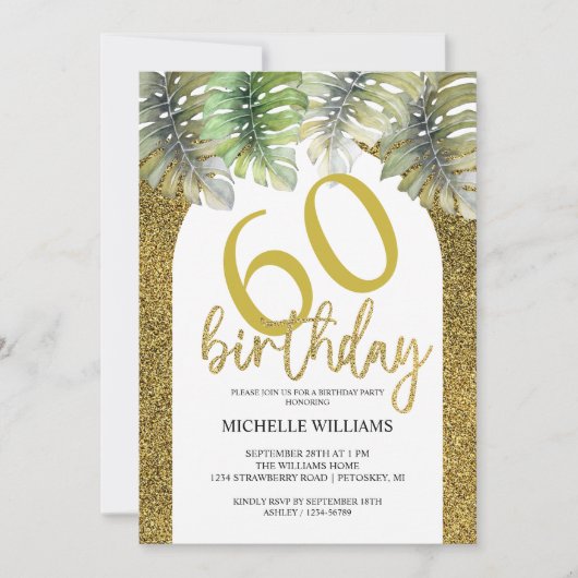 グリッターエレガント金ゴールドパームカリグラフィー 招待状 (正面)