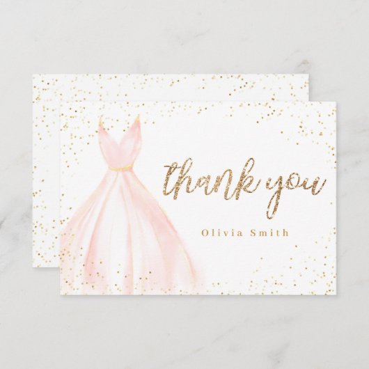 グリッターエレガント金ゴールドピンクドレスキンセアニラ サンキューカード (正面/裏面)