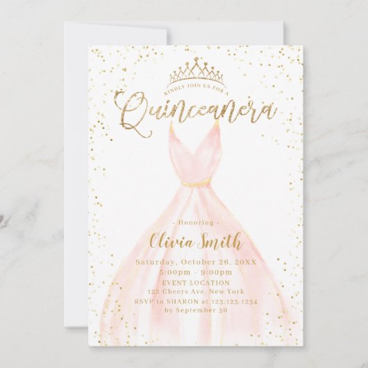 グリッターエレガント金ゴールド&ピンクシンデレラキンセアニラ 招待状 (正面)