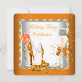 グリッターオレンジ金ゴールドハイヒール誕生日パーティー 招待状 (正面)
