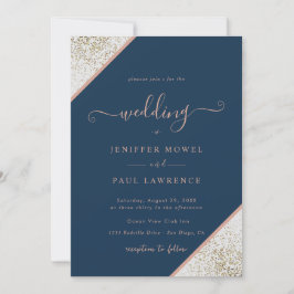 グリッターオンオフ白&ネイビーブルー結婚ズ 招待状