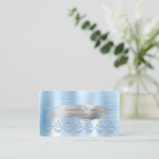 グリッターカップケーズシルバーブラシストロークブルーメタリック 名刺 (スタンド正面)