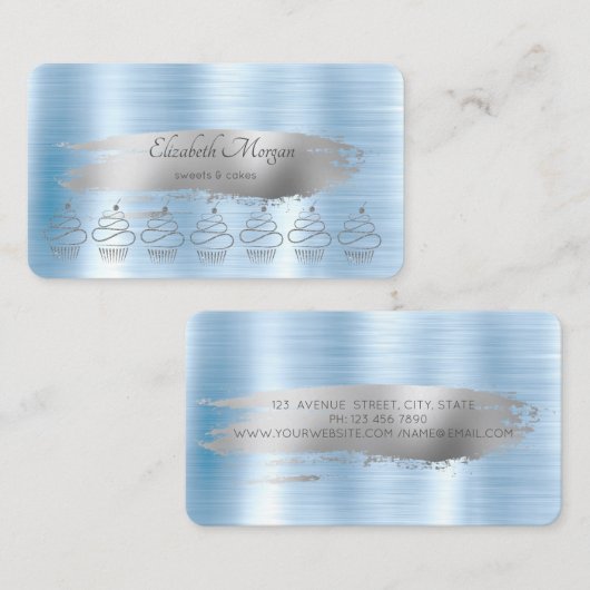 グリッターカップケーズシルバーブラシストロークブルーメタリック 名刺 (正面/裏面)