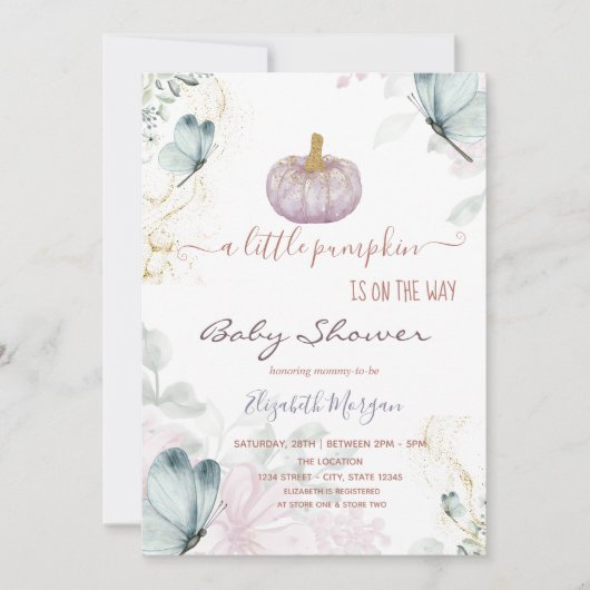 グリッターカボチャ青い蝶の赤ちゃんシャワー 招待状 (正面)