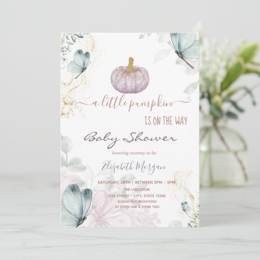 グリッターカボチャ青い蝶の赤ちゃんシャワー 招待状 (スタンド正面)