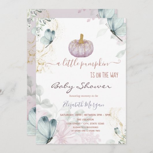 グリッターカボチャ青い蝶の赤ちゃんシャワー 招待状 (正面/裏面)