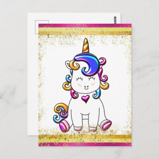グリッターカラフルピンクユニコーン ポストカード (正面/裏面)