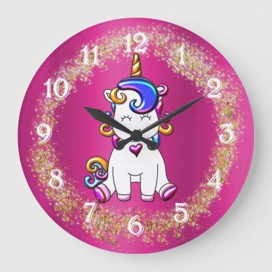 グリッターカラフルピンクユニコーン ラージ壁時計 (正面)