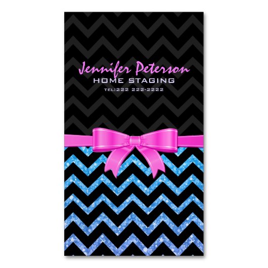 グリッターカラフルブラックのジグザグ山形パターン2 マグネット名刺 (正面縦)