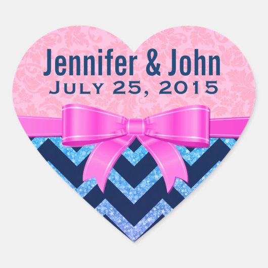 グリッターカラフルブルーシェブロンピンクダマスク ハートシール (正面)