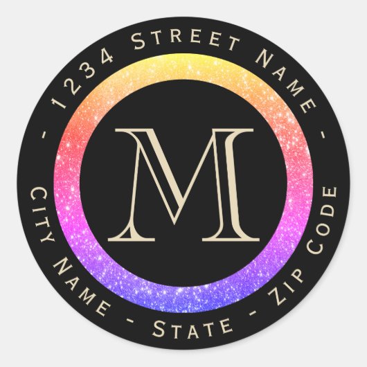 グリッターカラフルモノグラム差出人住所ラベル ラウンドシール (正面)
