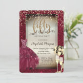 グリッターガラス、バルーン、ドレスレッド50誕生日 招待状 (スタンド正面)