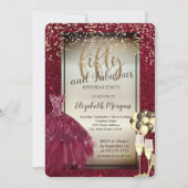 グリッターガラス、バルーン、ドレスレッド50誕生日 招待状 (正面)