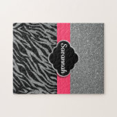 グリッターガーリーシルバーピンクゼブラグラムあなたの名前を追加 ジグソーパズル (横)