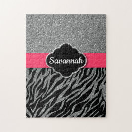グリッターガーリーシルバーピンクゼブラグラムあなたの名前を追加 ジグソーパズル