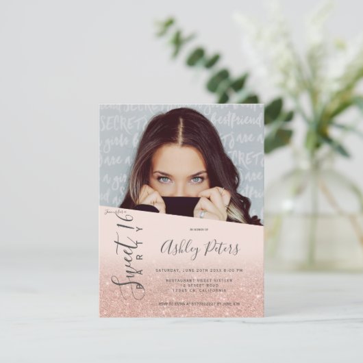 グリッターガーリータイポグラフィ赤面フォトスイート16 招待状 (スタンド正面)