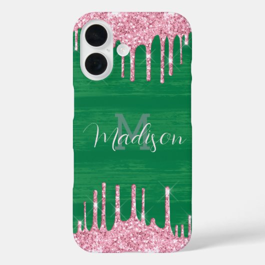 グリッターガーリーピンクグリーンドリップモノグラム追加の名前 Case-Mate iPhoneケース (裏面)