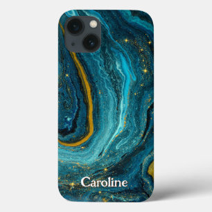 グリッターガーリーマーブルアートブルー金ゴールドモノグラム iPhone 13ケース