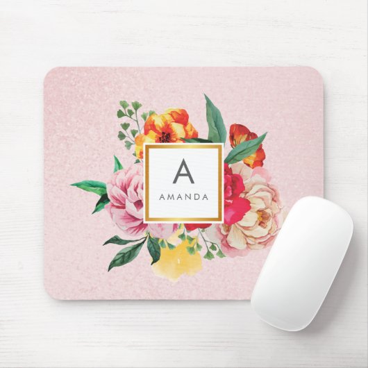 グリッターガーリー水彩牡丹フラワーズモノグラム マウスパッド (マウス)
