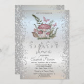 グリッターキノコバタフライ シルバーベビーシャワー 招待状 (正面/裏面)