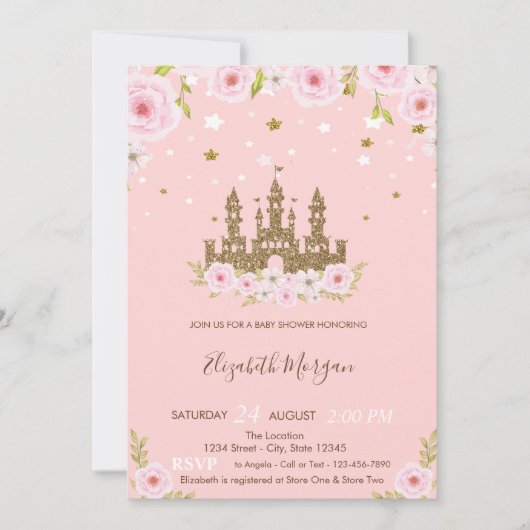 グリッターキャッスルスターフラワーベビーシャワー 招待状 (正面)