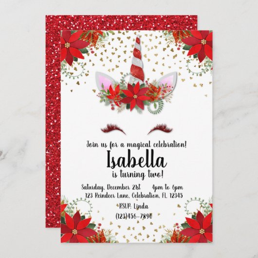 グリッターキャンディケインユニコーンホリデー誕生日 招待状 (正面/裏面)