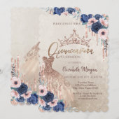 グリッタークラウンドリップス、ドレス、ブルーローズのキンセアニェラ 招待状 (正面/裏面)