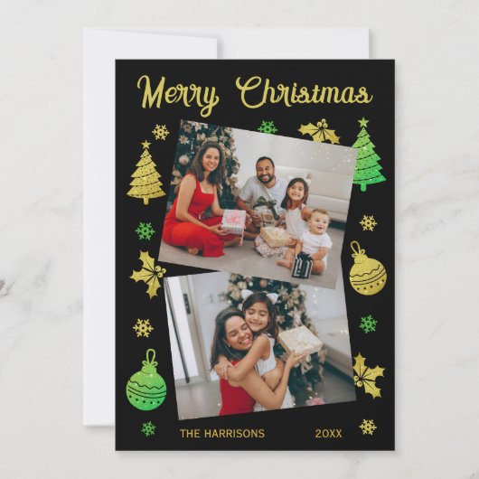 グリッタークリスマスツリーすてきリーフフォトブラック シーズンカード (正面)
