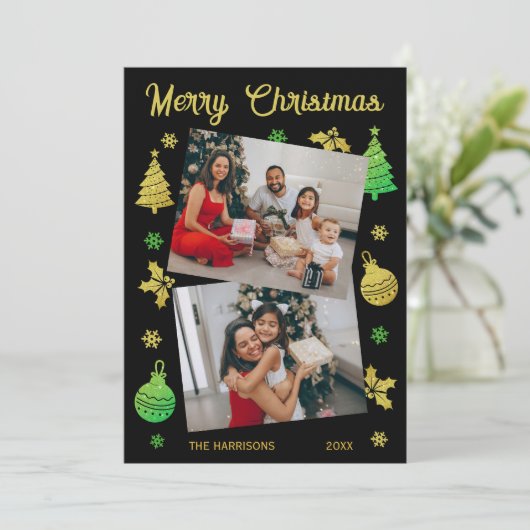 グリッタークリスマスツリーすてきリーフフォトブラック シーズンカード (スタンド正面)