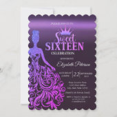 グリッタークール《写真》ぼけ味、ドレス、ティアラ、パープルスウィート16 招待状 (正面)