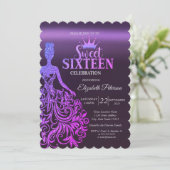 グリッタークール《写真》ぼけ味、ドレス、ティアラ、パープルスウィート16 招待状 (スタンド正面)