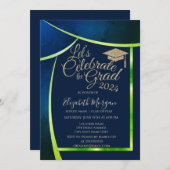 グリッターグラッドキャップネイビーブルーグリーンフレーム卒業 招待状 (正面/裏面)