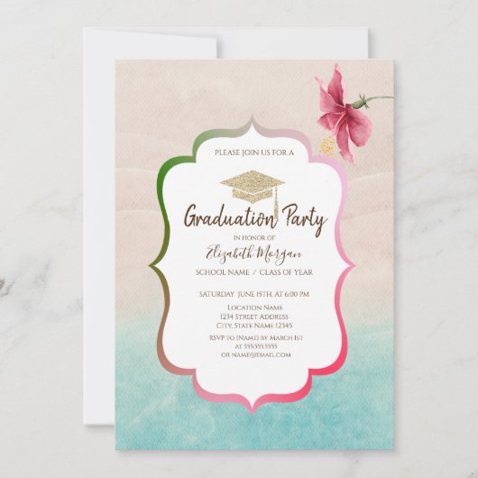 グリッターグラッドキャップハイビスカスビーチ卒業 招待状 (正面)