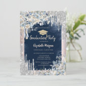 グリッターグラッドキャップ、ドリップ、花、ネイビーブルー 招待状 (スタンド正面)