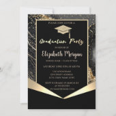 グリッターグラッドキャップ、紙吹雪ブラック大理石卒業 招待状 (正面)