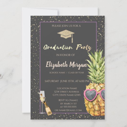 グリッターグラッドキャップ、紙吹雪、ワイン、パイナップルカッコいいズ 招待状 (正面)