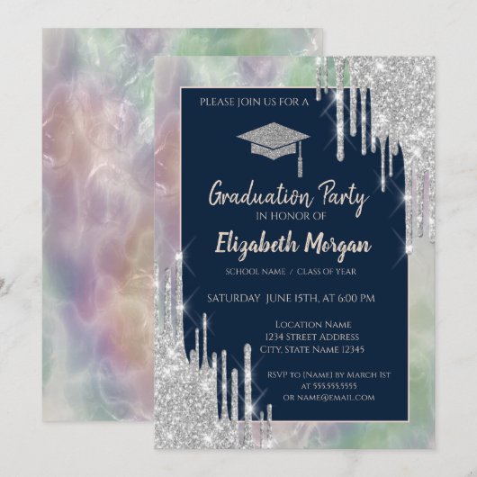 グリッターグラッドキャップ、銀ドリップ、光学ホログラフィック 招待状 (正面/裏面)