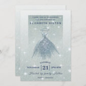 グリッターグラデーションほこりっぽい青いドレスsweet sixteen 招待状 (正面/裏面)