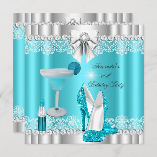 グリッターグラマーティール（緑がかった色）ハイヒール口紅カクテル 招待状 (正面/裏面)