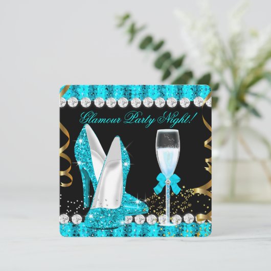 グリッターグラマーパーティーナイトティール(緑がかった色)ブルーシャンパン 招待状 (スタンド正面)