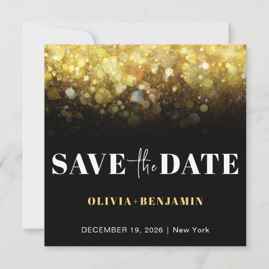 グリッターグラムブラックと金ゴールド結婚式日付を保存 招待状 (正面)