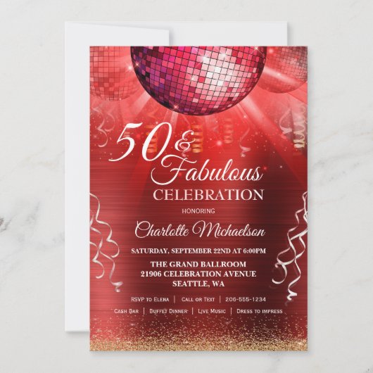 グリッターグラム50と素晴らしいレッドディスコボール 招待状 (正面)
