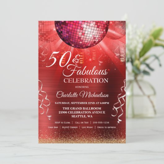 グリッターグラム50と素晴らしいレッドディスコボール 招待状 (スタンド正面)