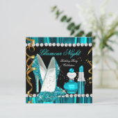 グリッターグラモールナイトティール（緑がかった色）ブルー金ゴールドブラックパーティー3 招待状 (スタンド正面)